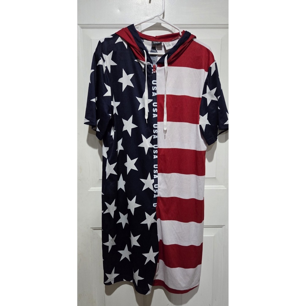 Briefly Stated USA Flag Hooded Unisex Zip Short Sleeve Romper Size L
